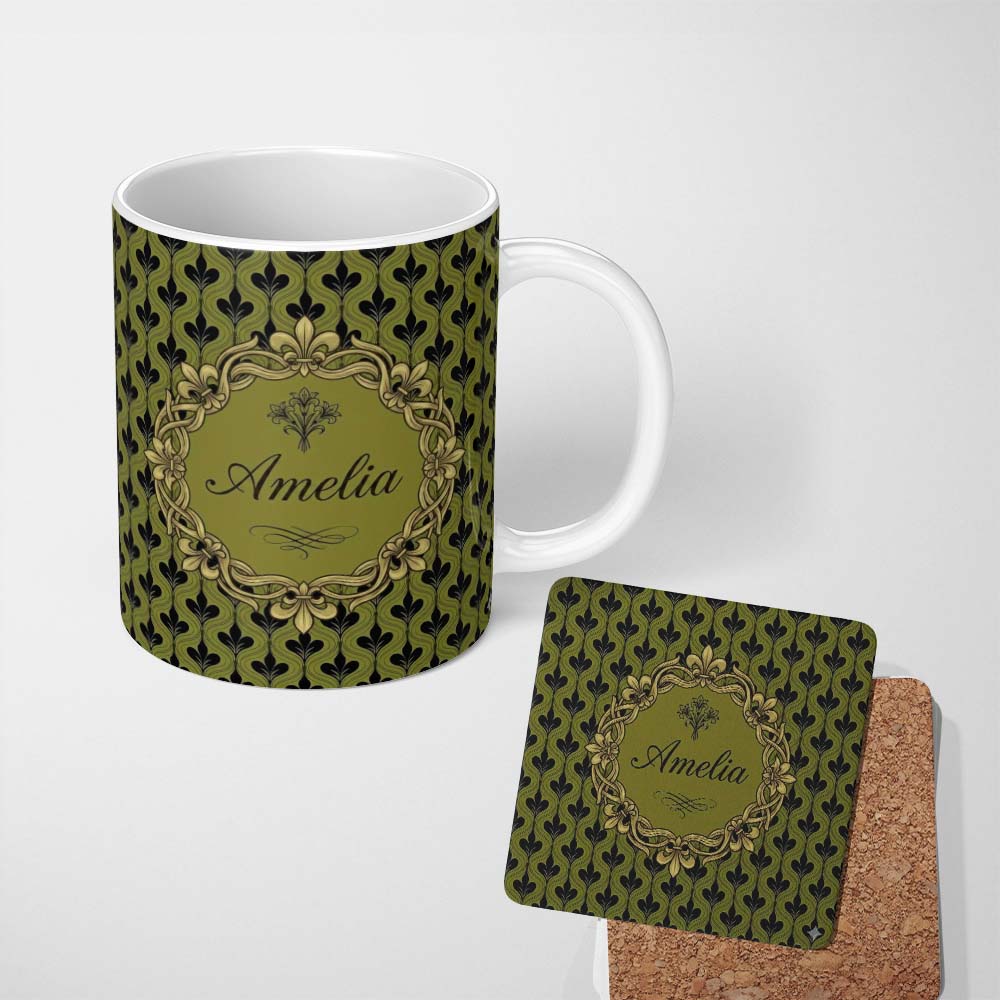 Personalized Custom Name Mid Century Modern Green Leaf Geometric Seamless Pattern Botanical 11oz Ceramic Coffee Tea Mug White Large Handle