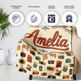Vintage Retro Camera Collection Seamless Pattern with Film Cameras  Personalised Custom Name Super Soft Fleece Blanket Bed Sofa Throw