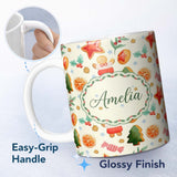 Personalized Custom Name Cute Gingerbread Cookies Candy Orange Slice Christmas Seamless 11oz Ceramic Coffee Tea Mug White Large Handle