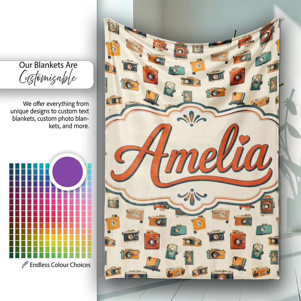 Vintage Retro Camera Collection Seamless Pattern with Film Cameras  Personalised Custom Name Super Soft Fleece Blanket Bed Sofa Throw