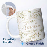 Personalized Custom Name Soft White Blossom Floral Branch Seamless Pattern Cute Unique Gift 11oz Ceramic Coffee Tea Mug White Large Handle