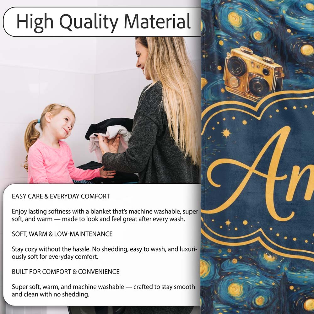 Vintage Camera Starry Night Artistic Seamless Pattern Lovely  Personalised Custom Name Super Soft Fleece Blanket Bed Sofa Throw