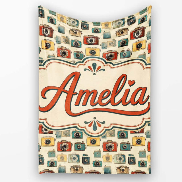 Mustard Yellow and Black Vintage Camera Illustration Seamless Lovely  Personalised Custom Name Super Soft Fleece Blanket Bed Sofa Throw