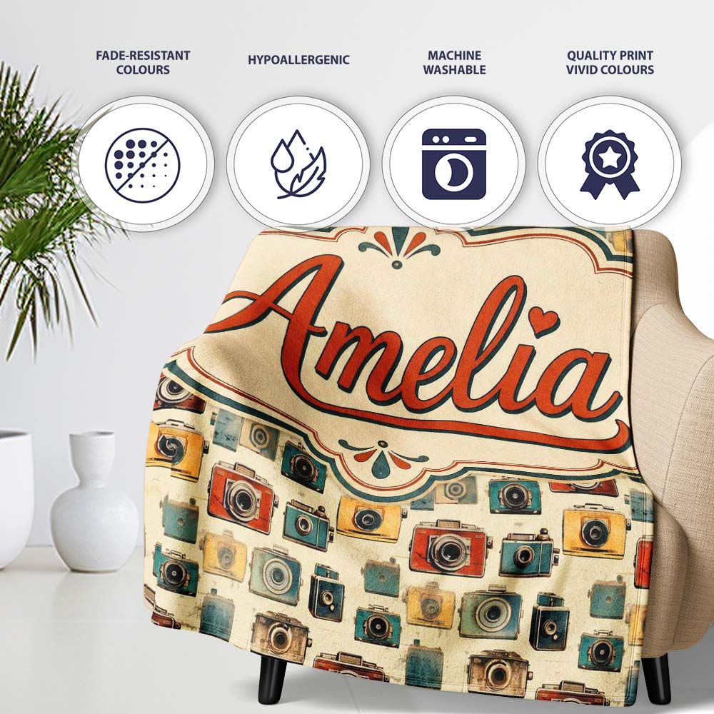 Mustard Yellow and Black Vintage Camera Illustration Seamless Lovely  Personalised Custom Name Super Soft Fleece Blanket Bed Sofa Throw