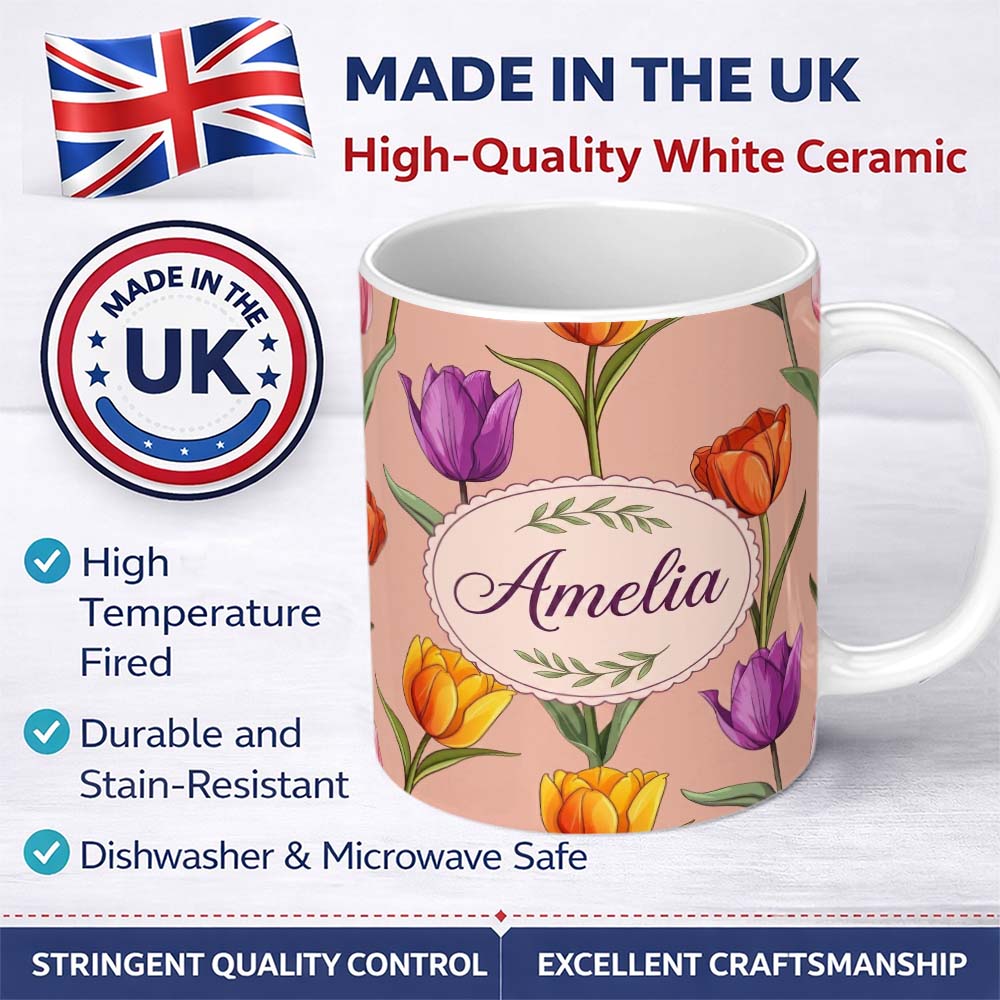 Personalized Custom Name Elegant Tulip Floral Seamless Pattern Peach Background Spring Lovely 11oz Ceramic Coffee Tea Mug White Large Handle