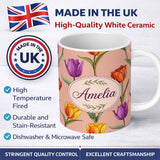 Personalized Custom Name Elegant Tulip Floral Seamless Pattern Peach Background Spring Lovely 11oz Ceramic Coffee Tea Mug White Large Handle