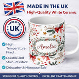 Personalized Custom Name Watercolor Christmas Bow Berry Branch Festive Seamless Pattern 11oz Ceramic Coffee Tea Mug White Large Handle