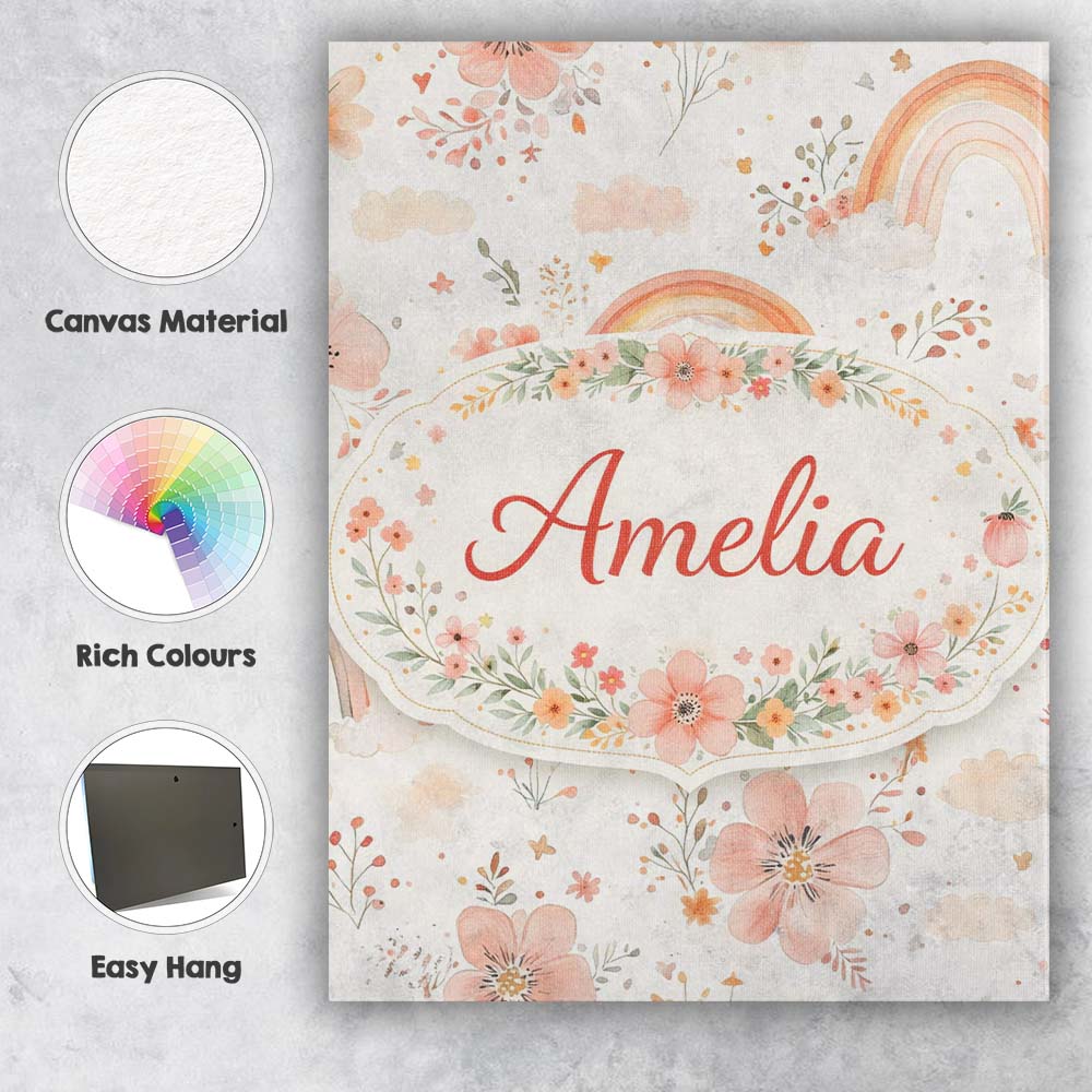 Personalised Name Pastel Rainbow Floral Dreamy Nursery Pattern Custom Modern Room Accent Canvas Wall Art Print Decor Picture Ready to Hang