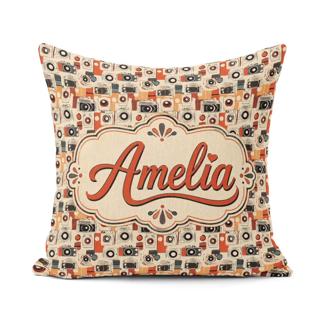 Custom Name Century Modern Abstract Camera Seamless Orange Cream Square Filled Cushion Throw Pillow Sofa Bed Home Decor Zip Washable UK Made