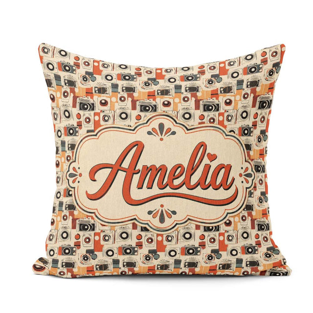 Custom Name Century Modern Abstract Camera Seamless Orange Cream Square Filled Cushion Throw Pillow Sofa Bed Home Decor Zip Washable UK Made