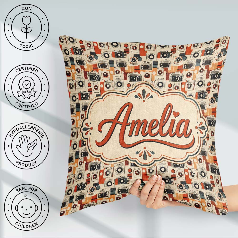 Custom Name Century Modern Abstract Camera Seamless Orange Cream Square Filled Cushion Throw Pillow Sofa Bed Home Decor Zip Washable UK Made