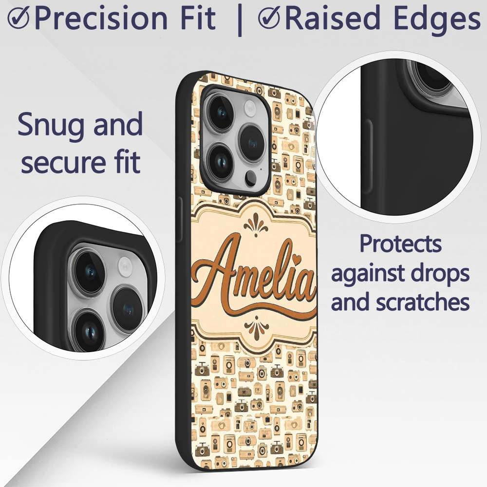 Neutral Beige Retro Camera Decorative Design Custom Name Protective Phone Case Mobile Cover Durable Everyday Smartphone Shock Resistant