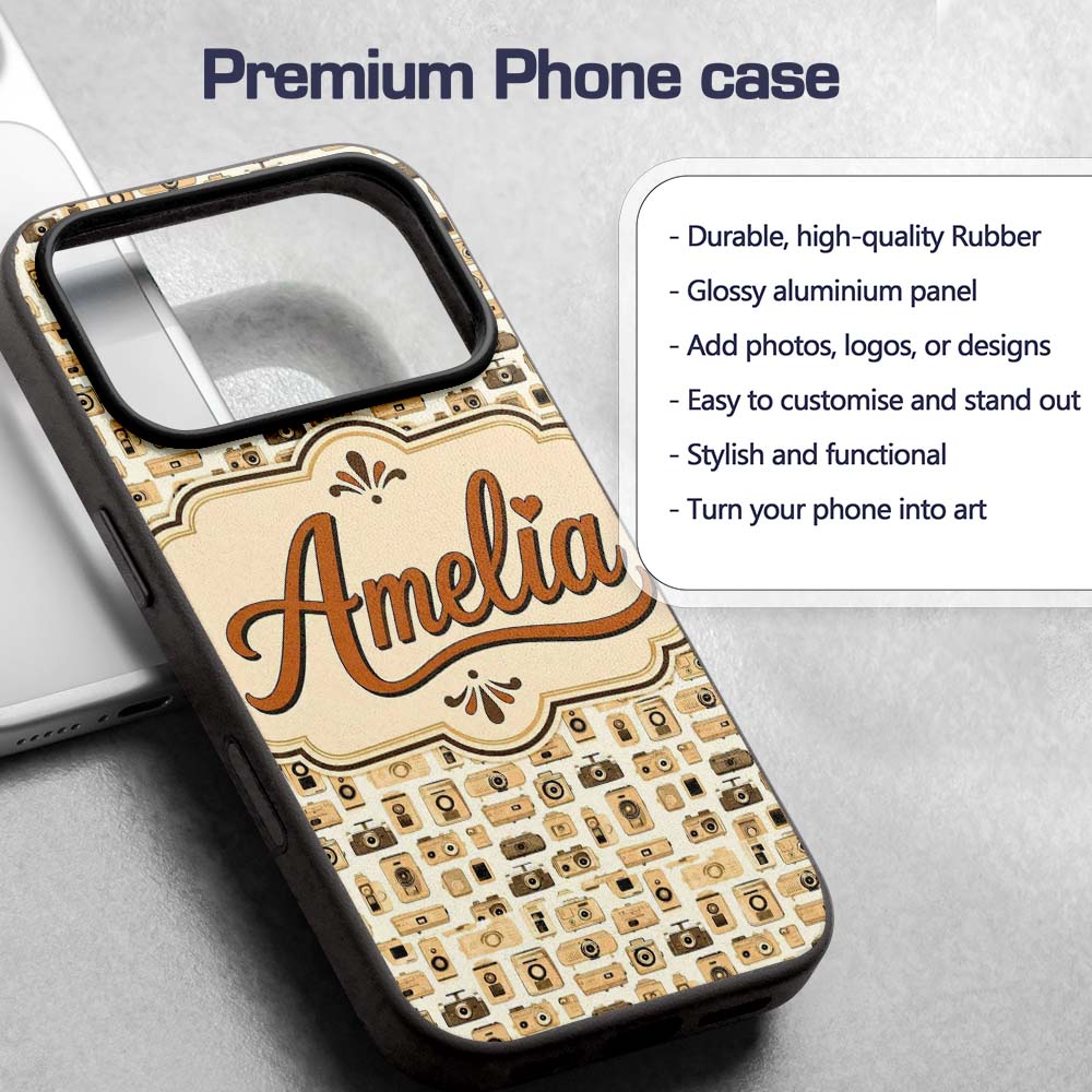 Neutral Beige Retro Camera Decorative Design Custom Name Protective Phone Case Mobile Cover Durable Everyday Smartphone Shock Resistant