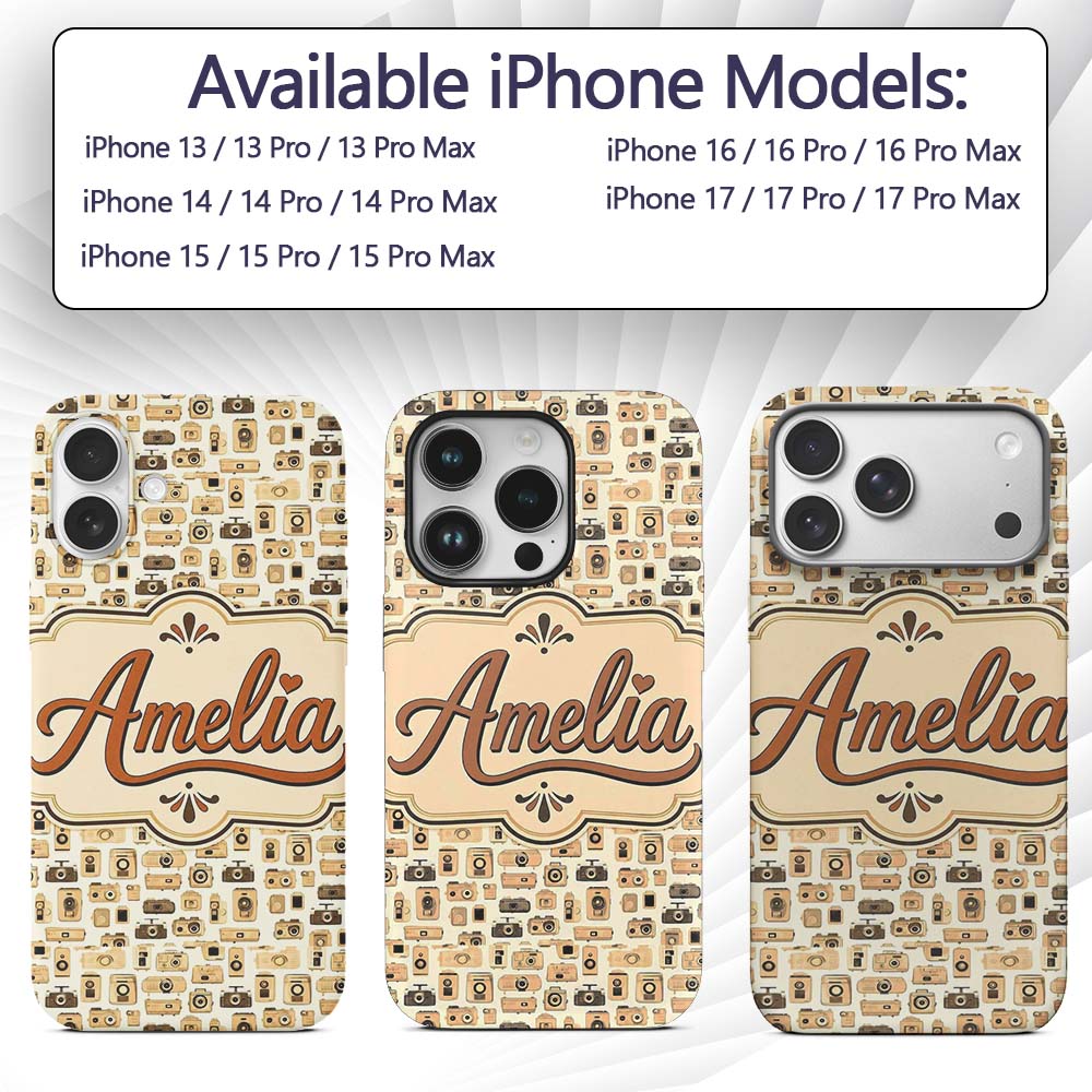 Neutral Beige Retro Camera Decorative Design Custom Name Protective Phone Case Mobile Cover Durable Everyday Smartphone Shock Resistant