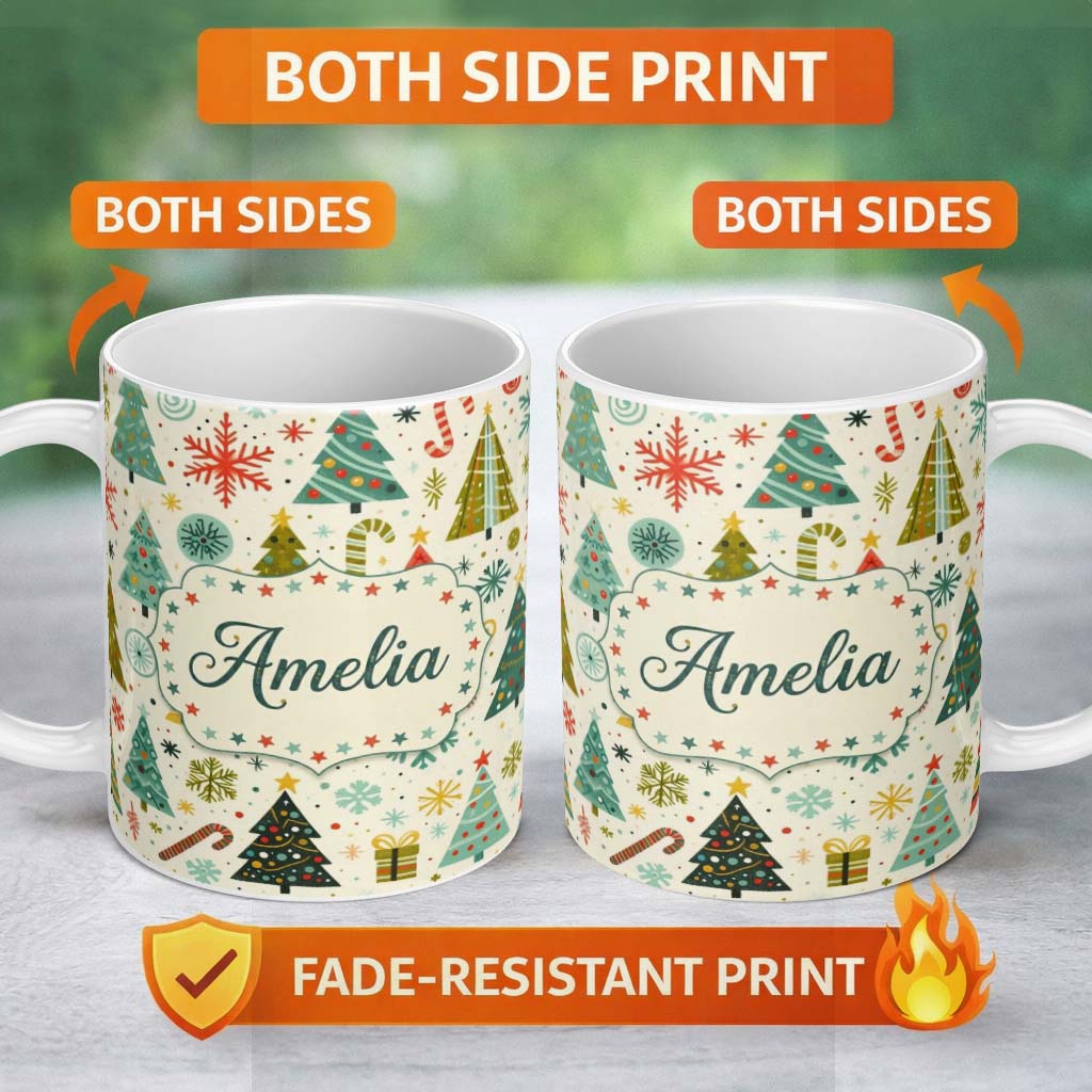 Personalized Custom Name Playful Christmas Trees Candy Canes and Snowflakes Festive Seamless 11oz Ceramic Coffee Tea Mug White Large Handle