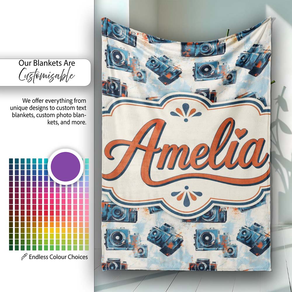 Vintage Camera Pattern with Paint Splash Effect Light Background  Personalised Custom Name Super Soft Fleece Blanket Bed Sofa Throw