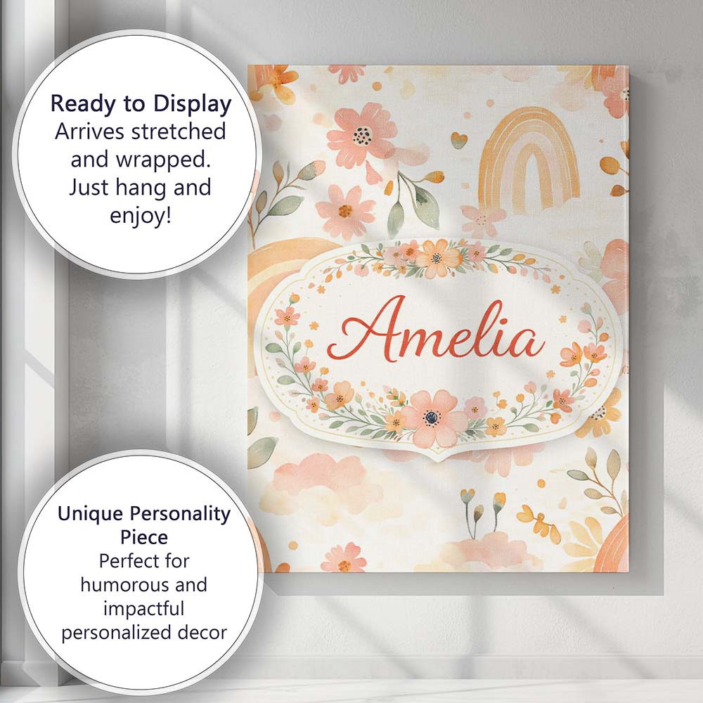 Personalised Name Warm Rainbow Floral Boho Style Seamless Watercolour Custom Home Unique Canvas Wall Art Print Decor Picture Ready to Hang