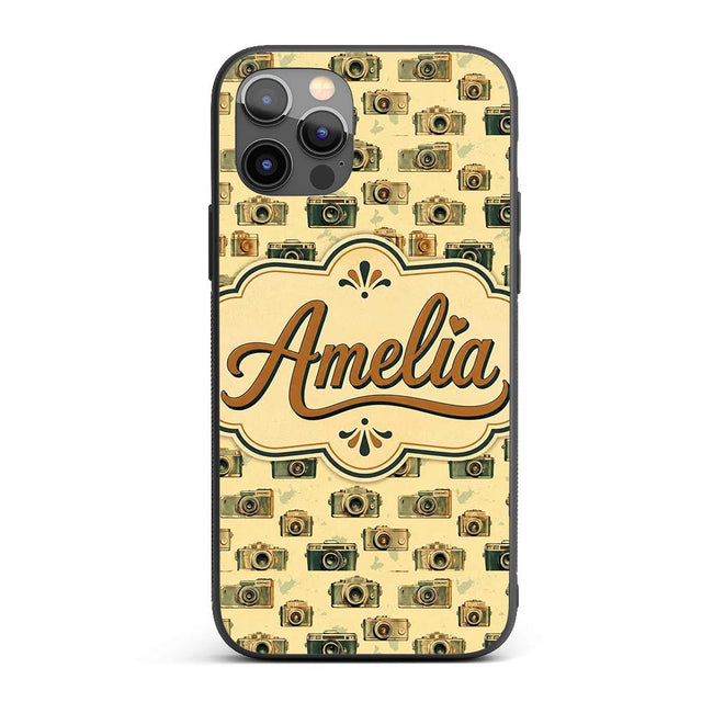 Retro Camera and Film Device Seamless Pattern Custom Name Protective Phone Case Mobile Cover Durable Everyday Smartphone Shock Resistant