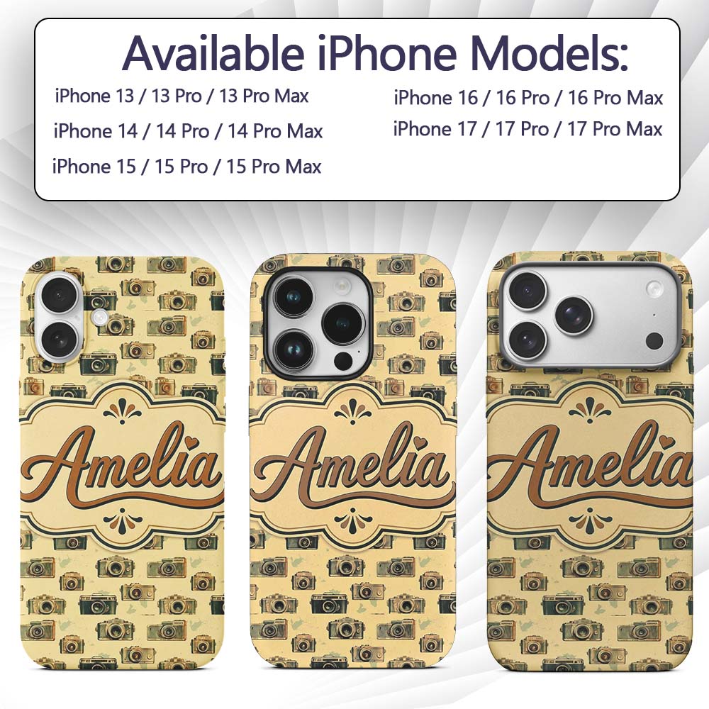 Retro Camera and Film Device Seamless Pattern Custom Name Protective Phone Case Mobile Cover Durable Everyday Smartphone Shock Resistant
