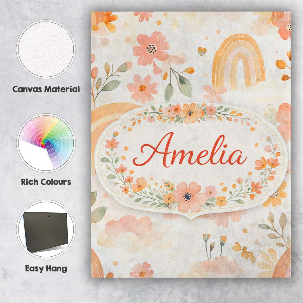 Personalised Name Warm Rainbow Floral Boho Style Seamless Watercolour Custom Home Unique Canvas Wall Art Print Decor Picture Ready to Hang