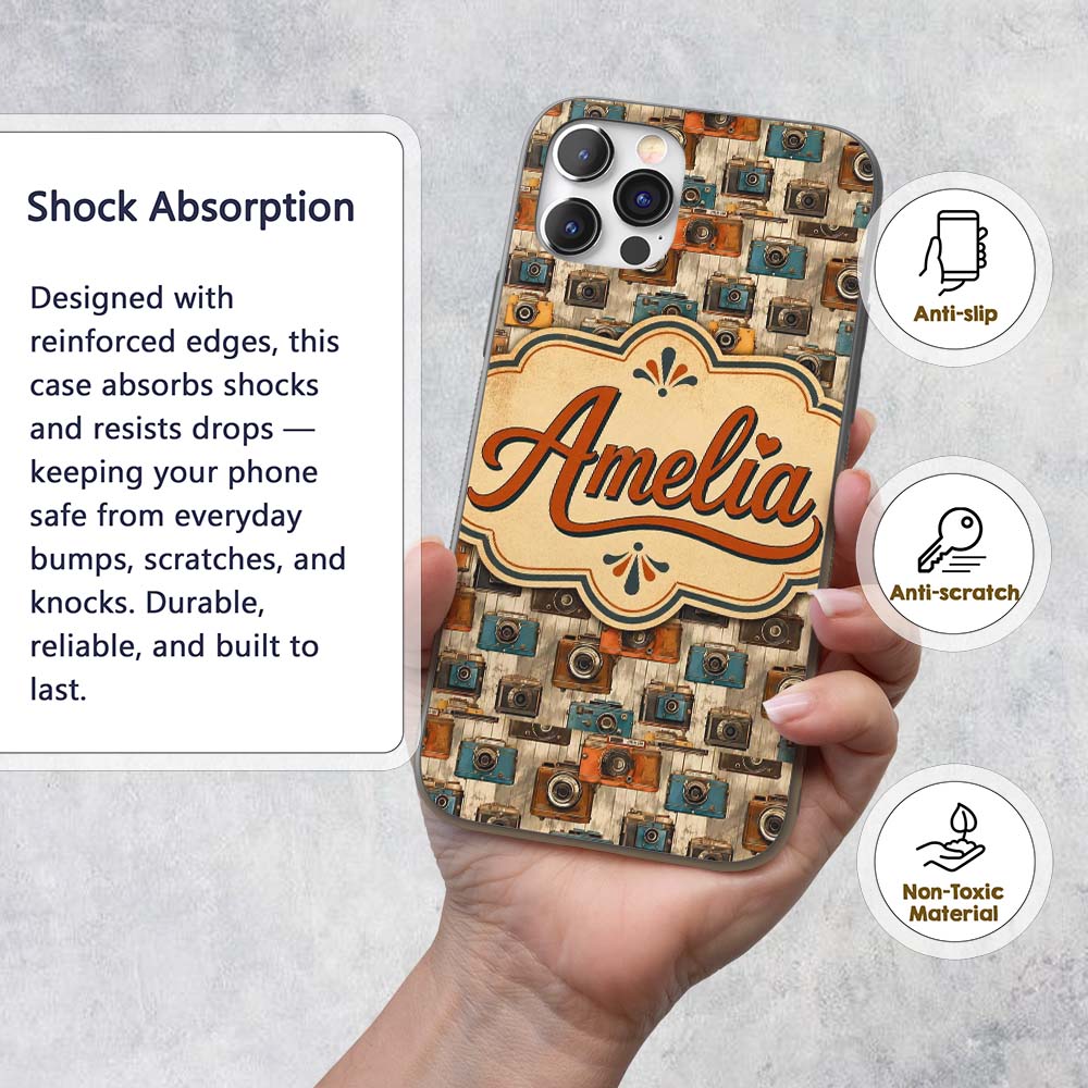 Vintage Camera Scatter Pattern with Soft Floral Custom Name Protective Phone Case Mobile Cover Durable Everyday Smartphone Shock Resistant