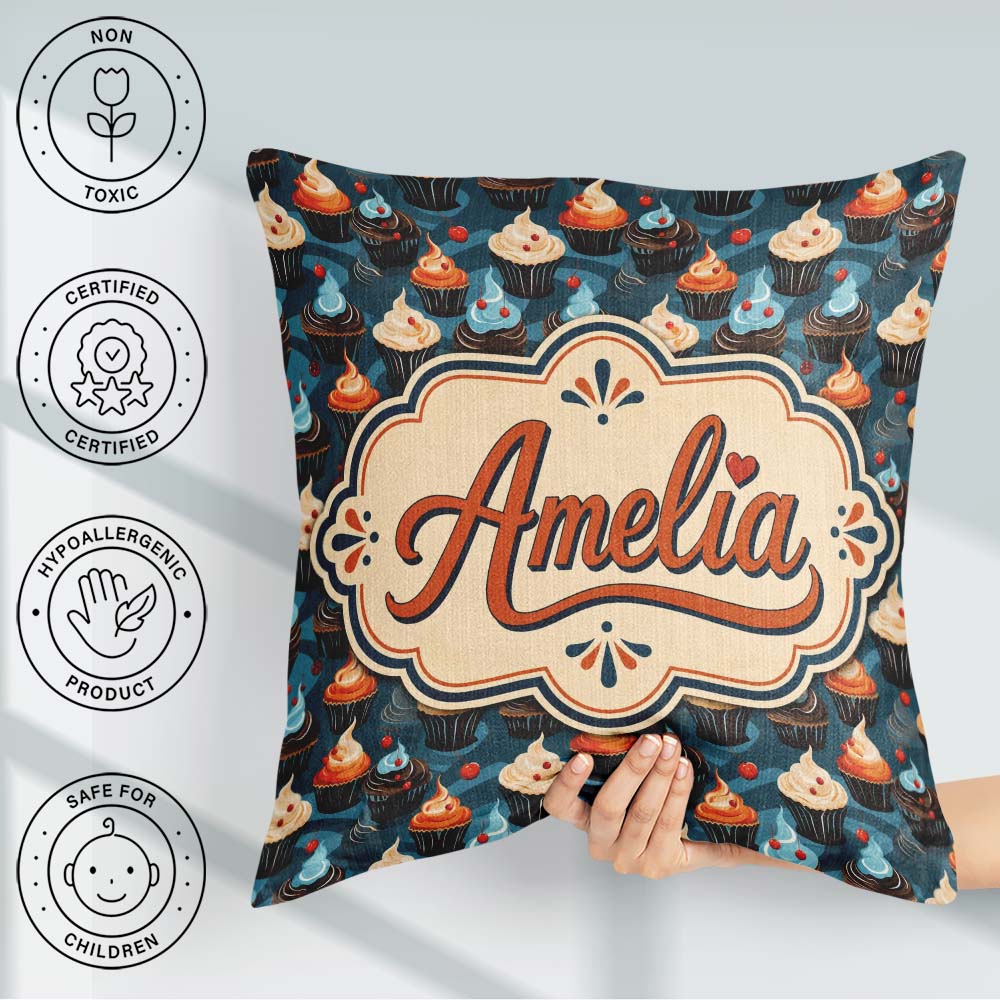 Custom Name Cupcake Dessert Seamless Pattern Dark Background Square Filled Cushion Throw Pillow Sofa Bed Home Decor Zip Washable UK Made