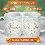 Personalized Custom Name Delicate White Floral on Mint Green Seamless Pattern Lovely 11oz Ceramic Coffee Tea Mug White Large Handle