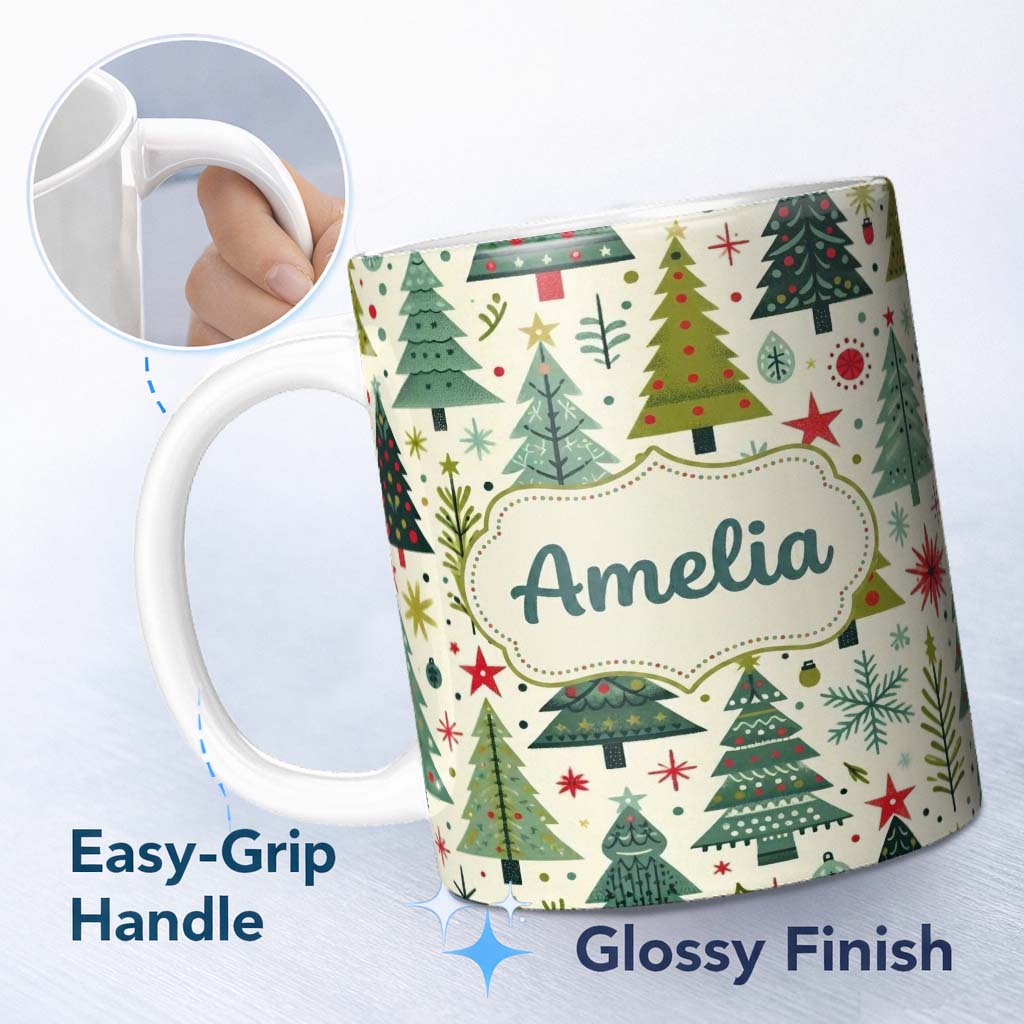 Personalized Custom Name Scandinavian Christmas Trees with Stars Snowflakes and Festive 11oz Ceramic Coffee Tea Mug White Large Handle