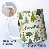 Personalized Custom Name Scandinavian Christmas Trees with Stars Snowflakes and Festive 11oz Ceramic Coffee Tea Mug White Large Handle