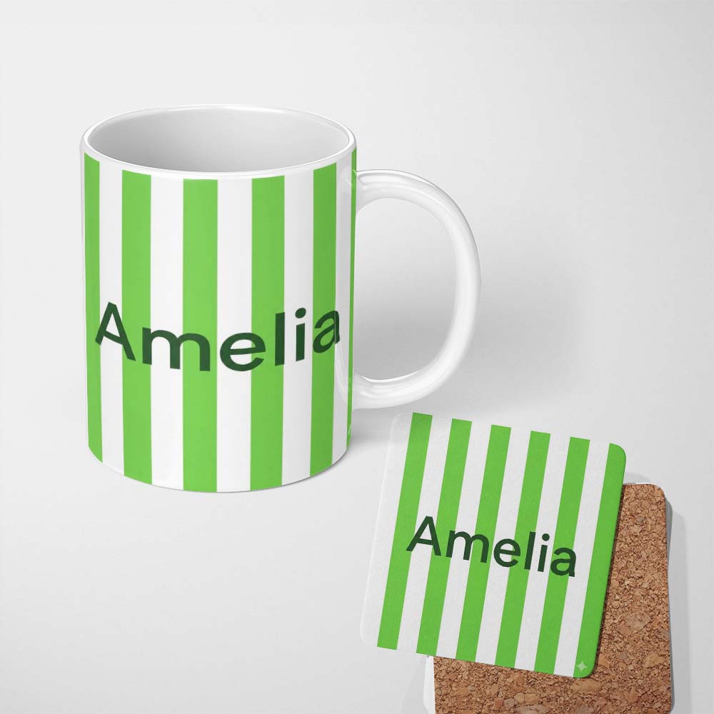 Personalized Custom Name Simple Green And White Vertical Stripe Seamless Pattern Minimal 11oz Ceramic Coffee Tea Mug White Large Handle