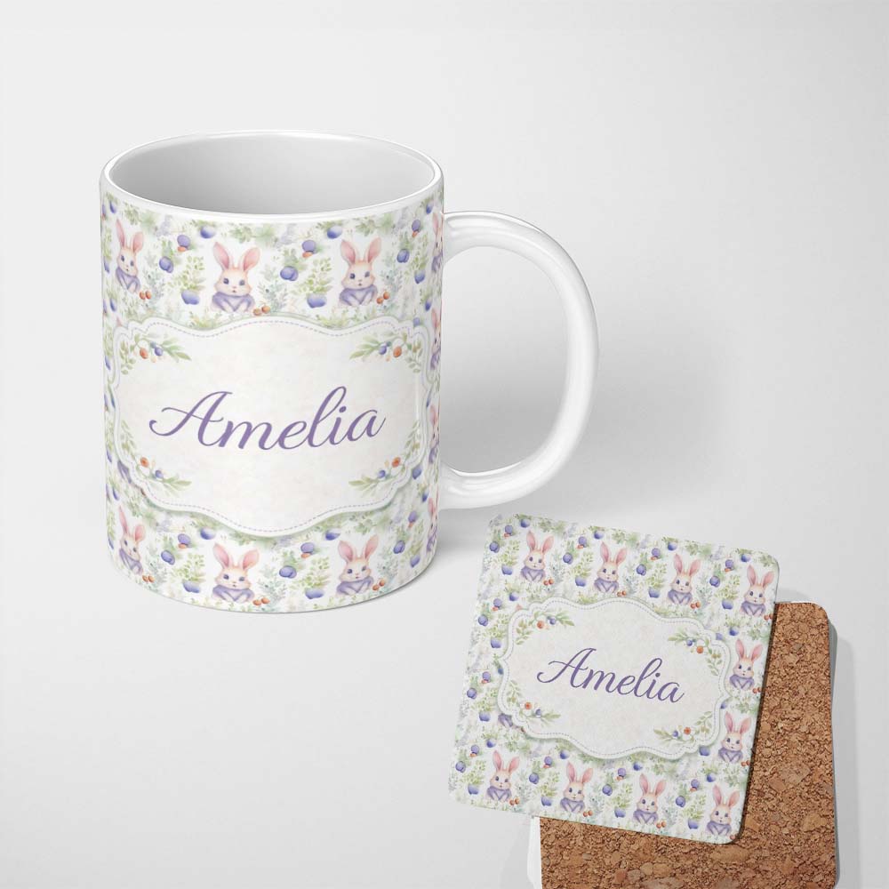 Personalized Custom Name Vibrant Abstract Bunny Portrait Seamless Pattern Cute Unique Gift 11oz Ceramic Coffee Tea Mug White Large Handle
