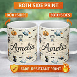 Personalized Custom Name Halloween Zombie Mummy Vampire Bat Spooky Cream Seamless Pattern 11oz Ceramic Coffee Tea Mug White Large Handle