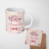 Personalized Custom Name Elegant Watercolor Rose Bouquet Ribbon Butterfly Soft Neutral Lovely 11oz Ceramic Coffee Tea Mug White Large Handle