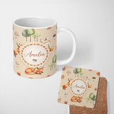 Personalized Custom Name Watercolor Woodland Fox Mushroom Autumn on Warm Beige Background 11oz Ceramic Coffee Tea Mug White Large Handle