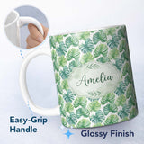 Personalized Custom Name Fresh Watercolor Monstera Leaves in Soft Green Shades Seamless 11oz Ceramic Coffee Tea Mug White Large Handle
