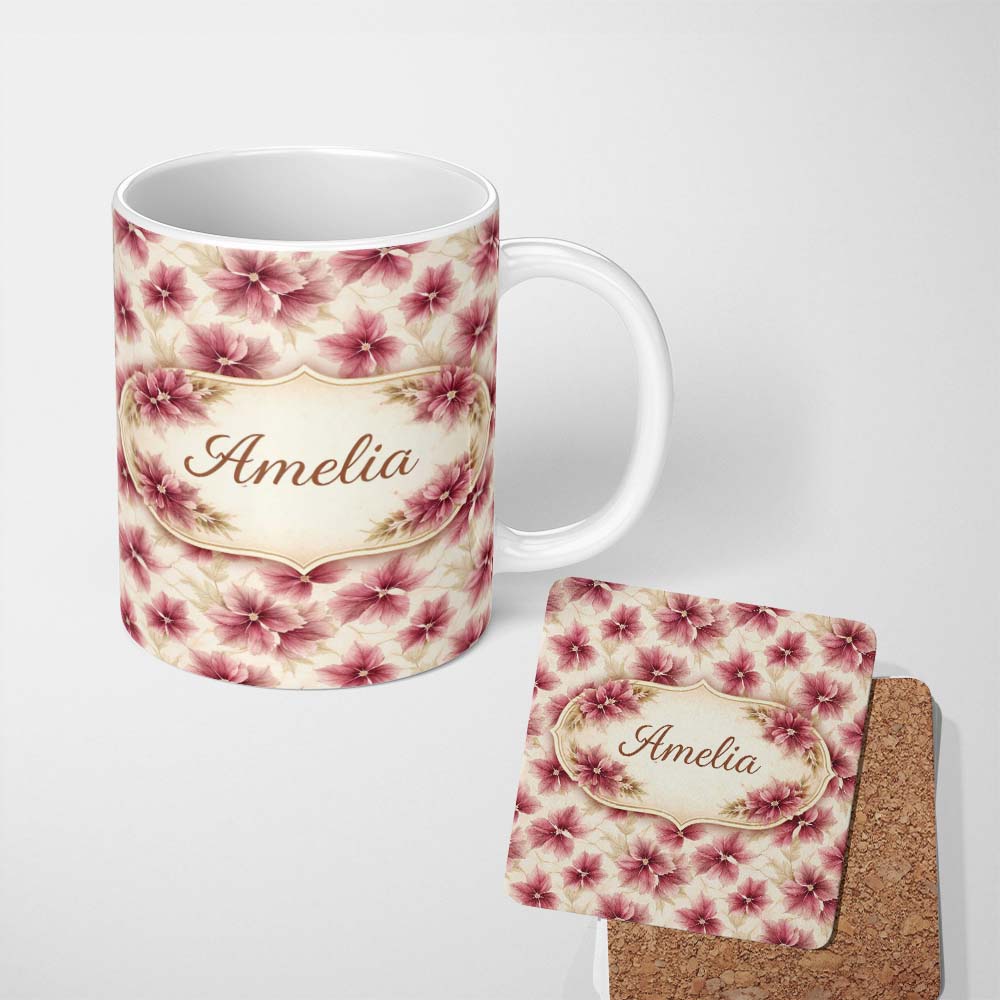 Personalized Custom Name Soft Pink Watercolor Leaf Botanical Seamless Pattern Lovely 11oz Ceramic Coffee Tea Mug White Large Handle