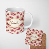 Personalized Custom Name Soft Pink Watercolor Leaf Botanical Seamless Pattern Lovely 11oz Ceramic Coffee Tea Mug White Large Handle