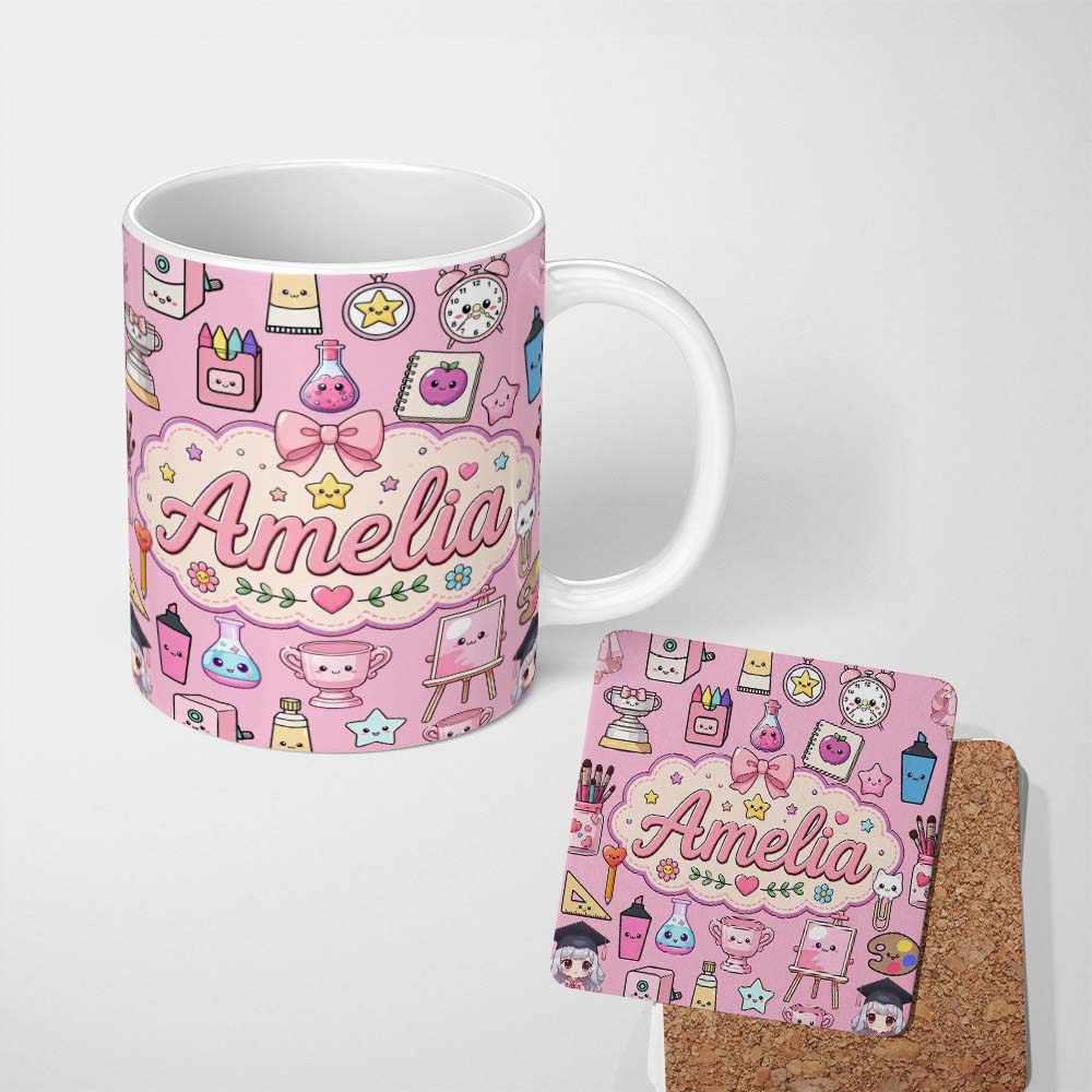 Personalized Custom Name Cute Kawaii Graduation School Science Art Supplies Pattern Pink 11oz Ceramic Coffee Tea Mug White Large Handle