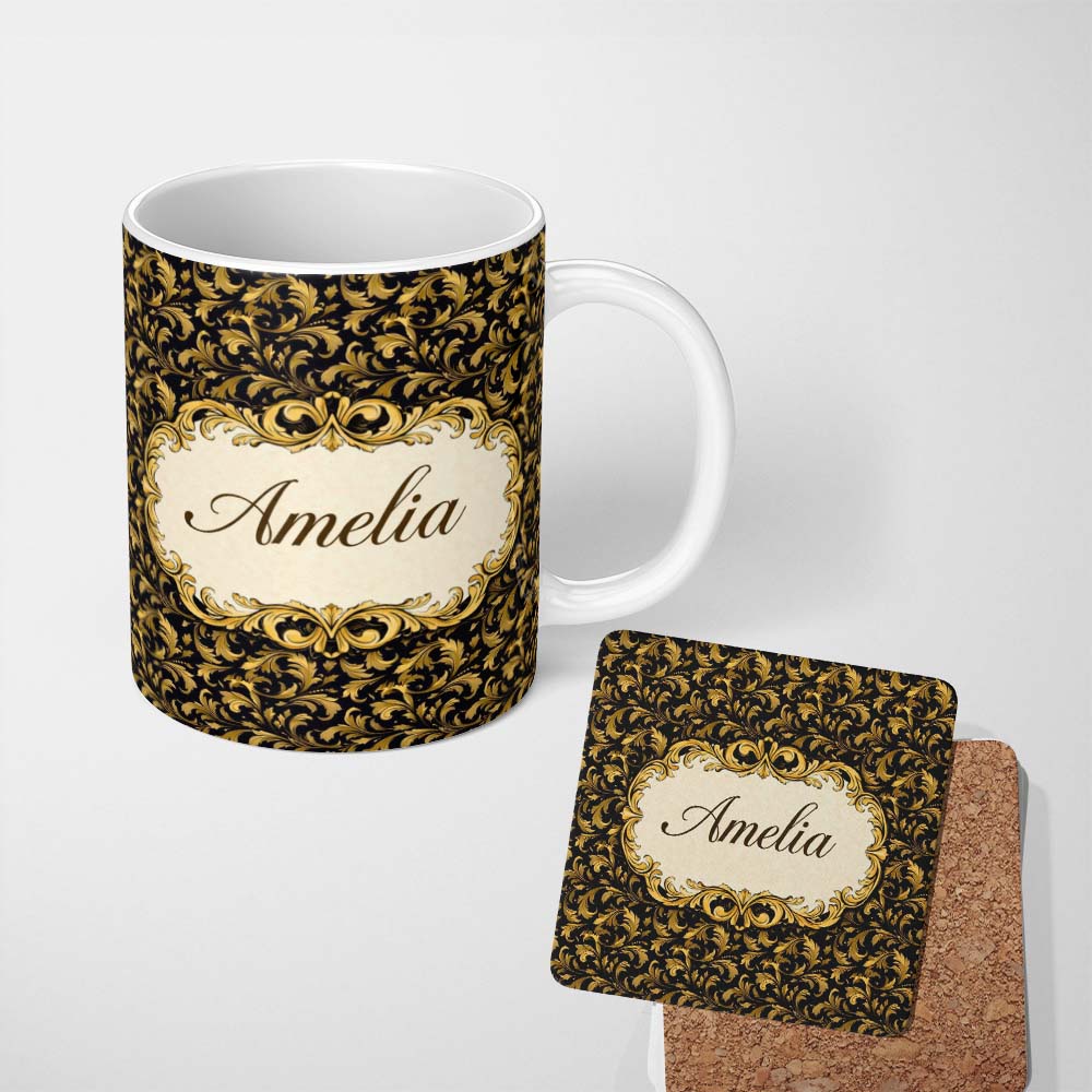 Personalized Custom Name Golden Ornamental Baroque Seamless Classic Luxury Vintage Textile 11oz Ceramic Coffee Tea Mug White Large Handle
