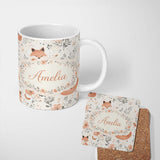 Personalized Custom Name Cute Fox Floral Seamless Pattern Thoughtful Gift Idea Lovely 11oz Ceramic Coffee Tea Mug White Large Handle