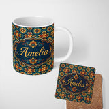 Personalized Custom Name Teal and Mustard Ornate Floral Tile Pattern with Symmetrical Vintage 11oz Ceramic Coffee Tea Mug White Large Handle