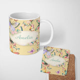 Personalized Custom Name Watercolor Butterfly Leaf Botanical Seamless Pattern Lovely 11oz Ceramic Coffee Tea Mug White Large Handle