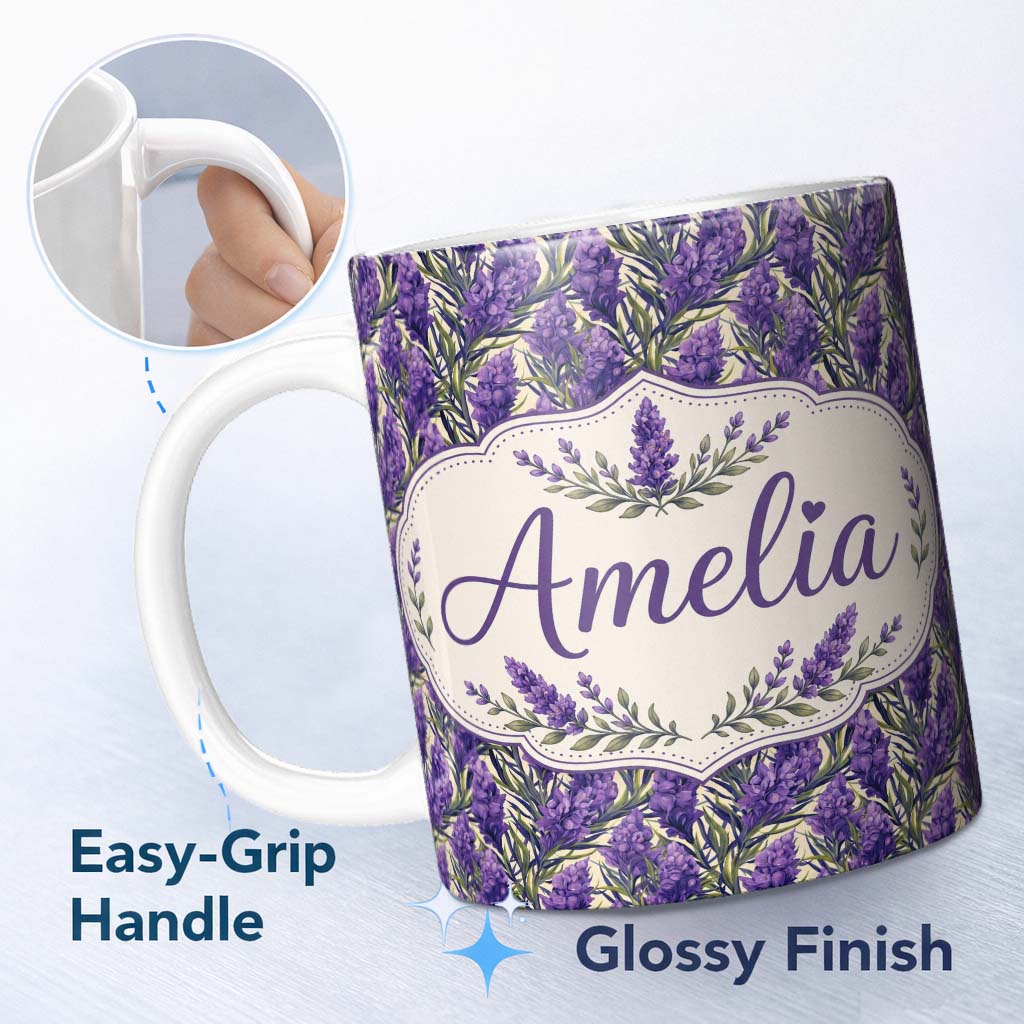 Personalized Custom Name Bold Purple Lavender Floral Seamless Pattern with Dense Botanical 11oz Ceramic Coffee Tea Mug White Large Handle