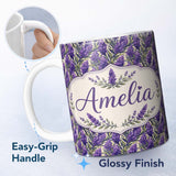 Personalized Custom Name Bold Purple Lavender Floral Seamless Pattern with Dense Botanical 11oz Ceramic Coffee Tea Mug White Large Handle