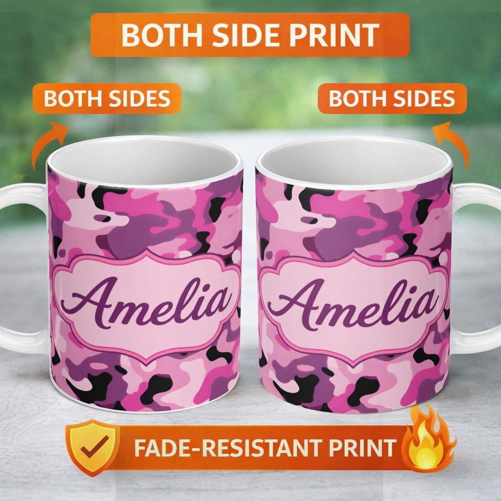 Personalized Custom Name Pink Purple Camouflage Fashion Style Seamless Pattern Lovely 11oz Ceramic Coffee Tea Mug White Large Handle