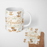Personalized Custom Name Cute Baby Jungle Animals with Leaves on Grey Background Seamless 11oz Ceramic Coffee Tea Mug White Large Handle
