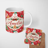 Personalized Custom Name Festive Gingerbread Cookies Gifts Holly Snowflakes Watercolor Lovely 11oz Ceramic Coffee Tea Mug White Large Handle