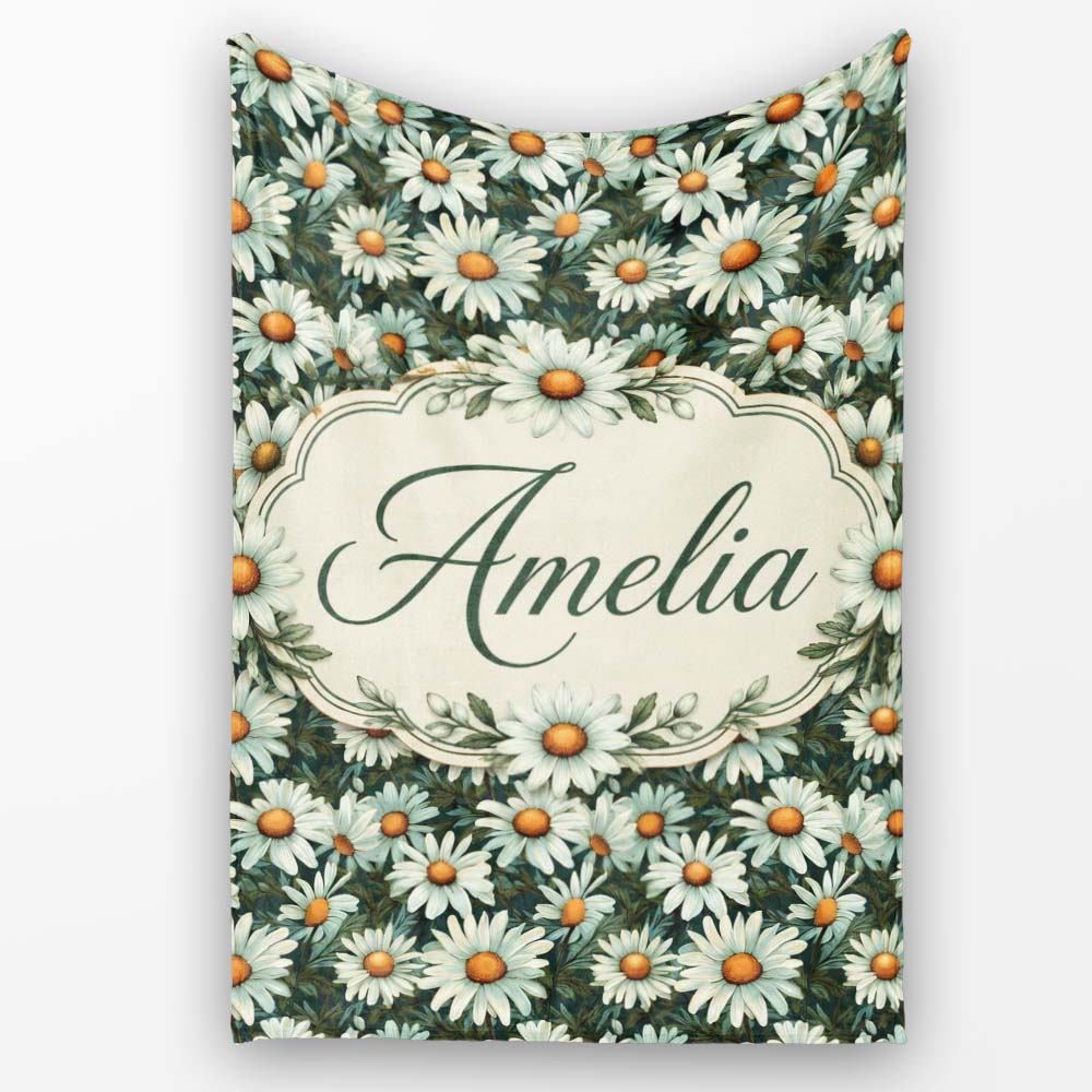 Vintage Daisy Floral Seamless Pattern with White Flowers and Green  Personalised Custom Name Super Soft Fleece Blanket Bed Sofa Throw