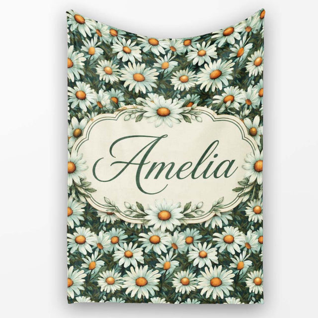 Vintage Daisy Floral Seamless Pattern with White Flowers and Green  Personalised Custom Name Super Soft Fleece Blanket Bed Sofa Throw