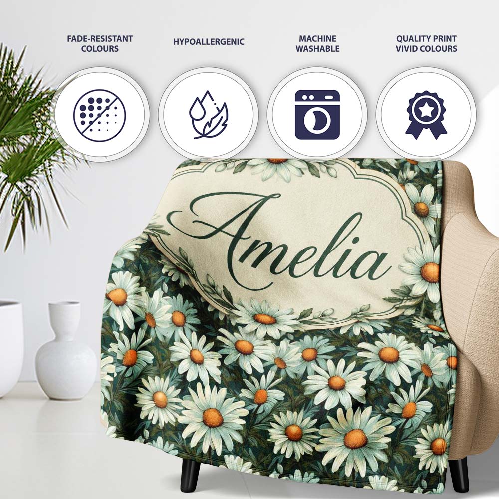 Vintage Daisy Floral Seamless Pattern with White Flowers and Green  Personalised Custom Name Super Soft Fleece Blanket Bed Sofa Throw